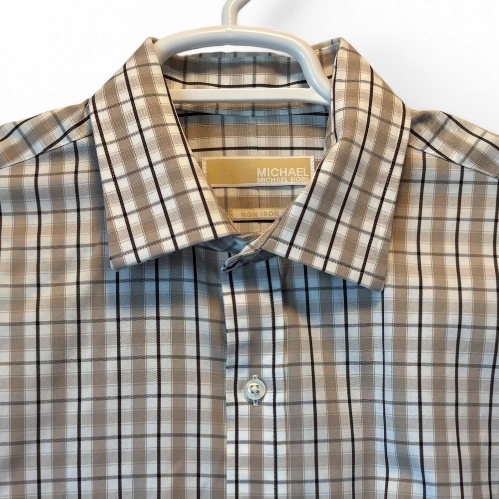 Michael Kors Mens Non Iron Plaid Dress Shirt Tan White Black 16 32/33 Cotton